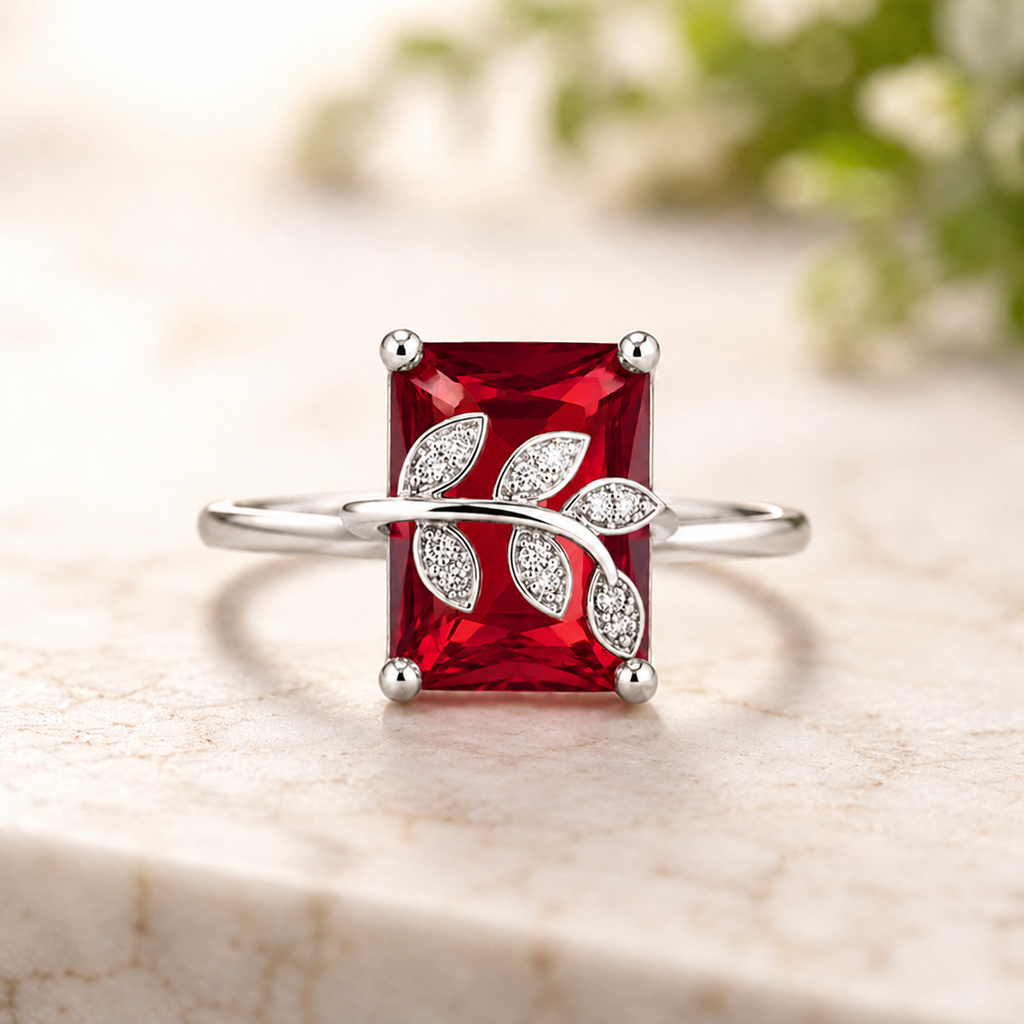 Red Sparkling Leaf Ring