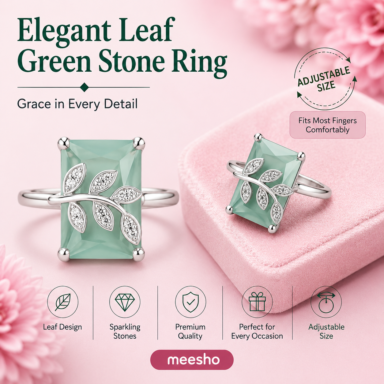 Aqua green Elegant Leaf Stone Ring
