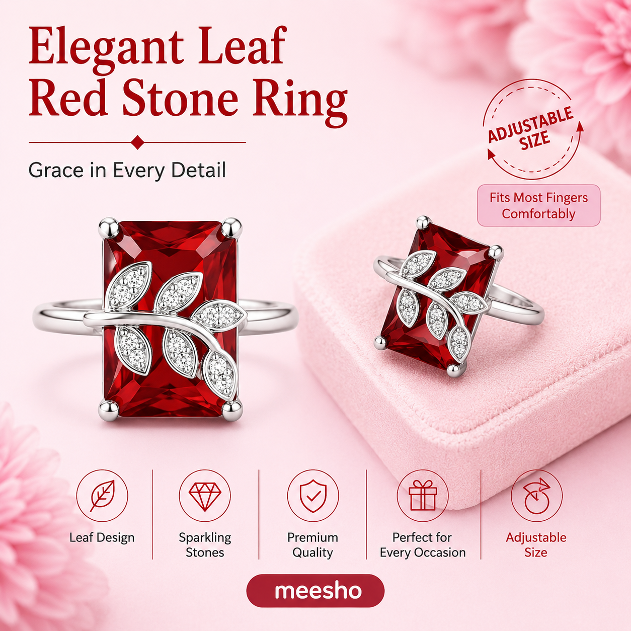 Red Sparkling Leaf Ring
