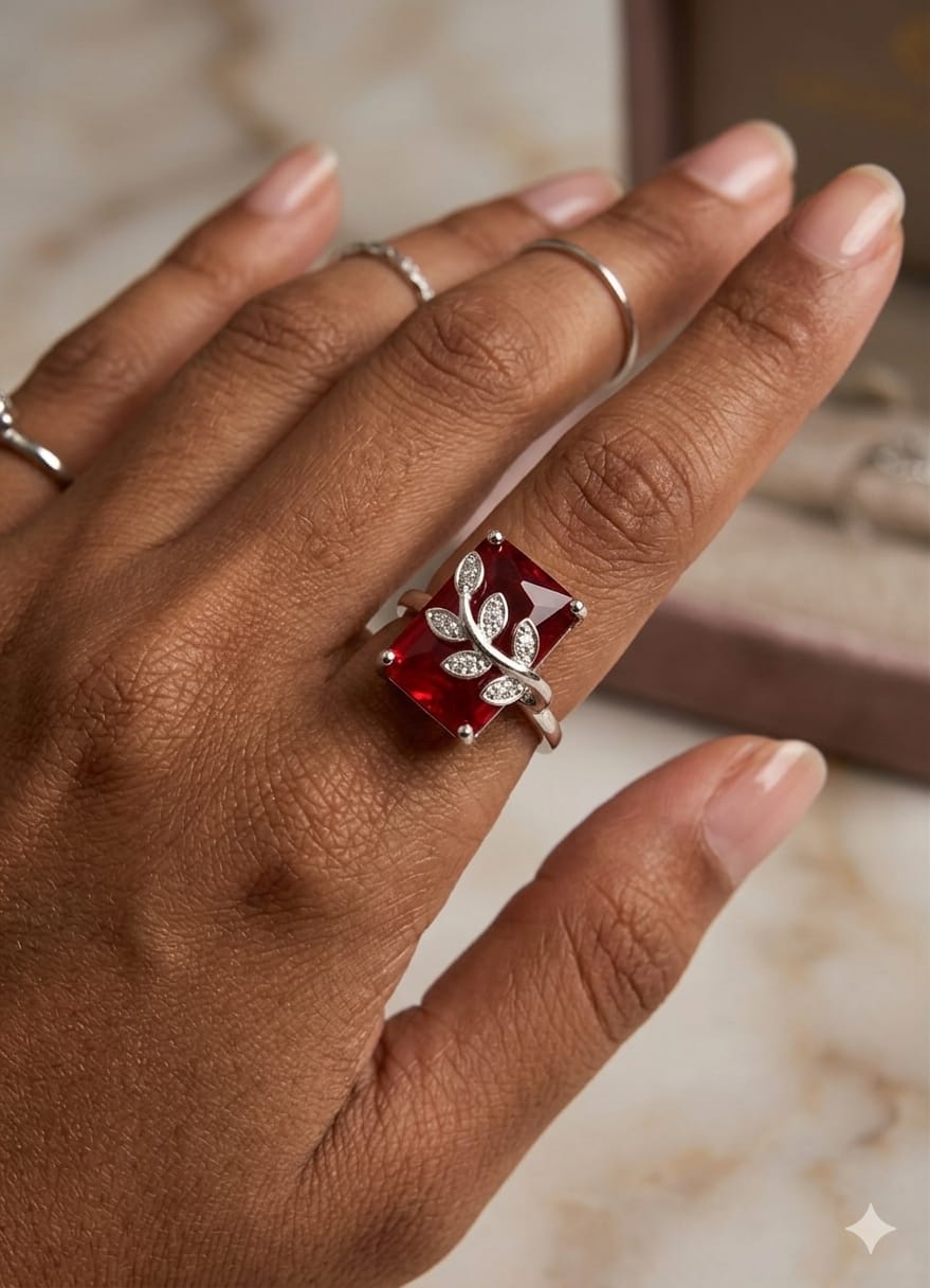 Red Sparkling Leaf Ring