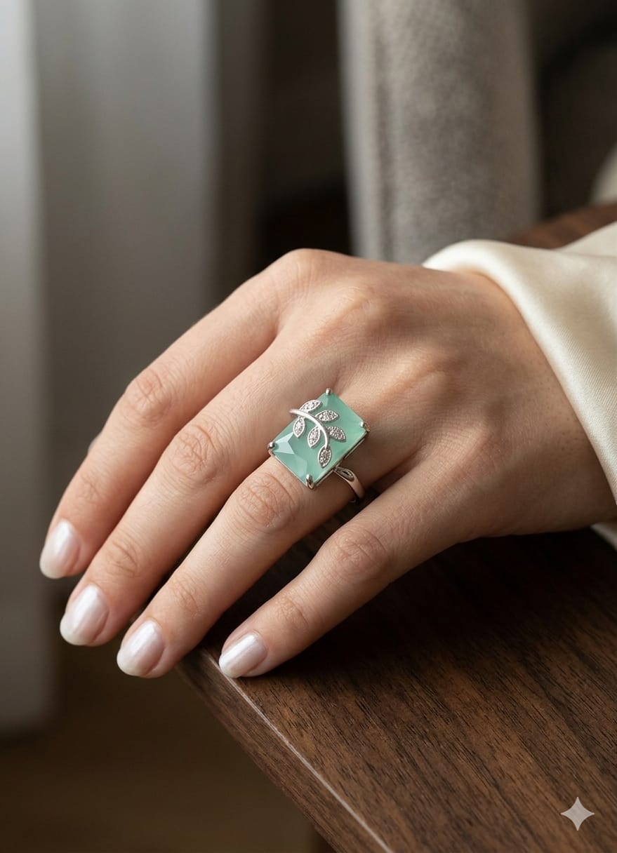 Aqua green Elegant Leaf Stone Ring